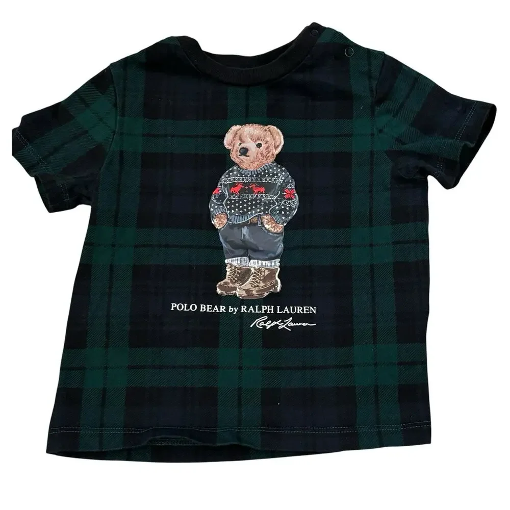 Polo Ralph Lauren Baby Black Watch Tartan Plaid Polo Bear Cotton Tee 12 Months